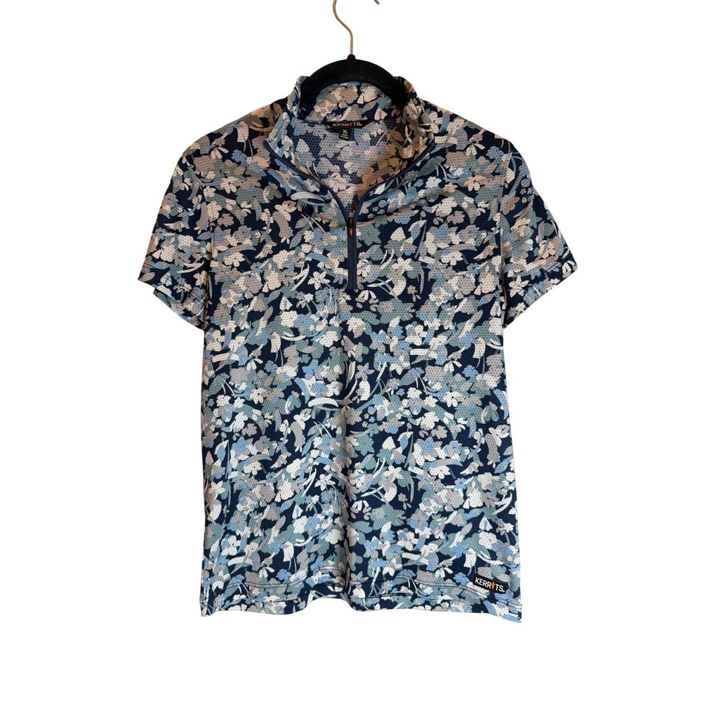 Kerrits Kids Ice‎ Fil Short Sleeve Riding Shirt Blue Floral Quarter Zip XL